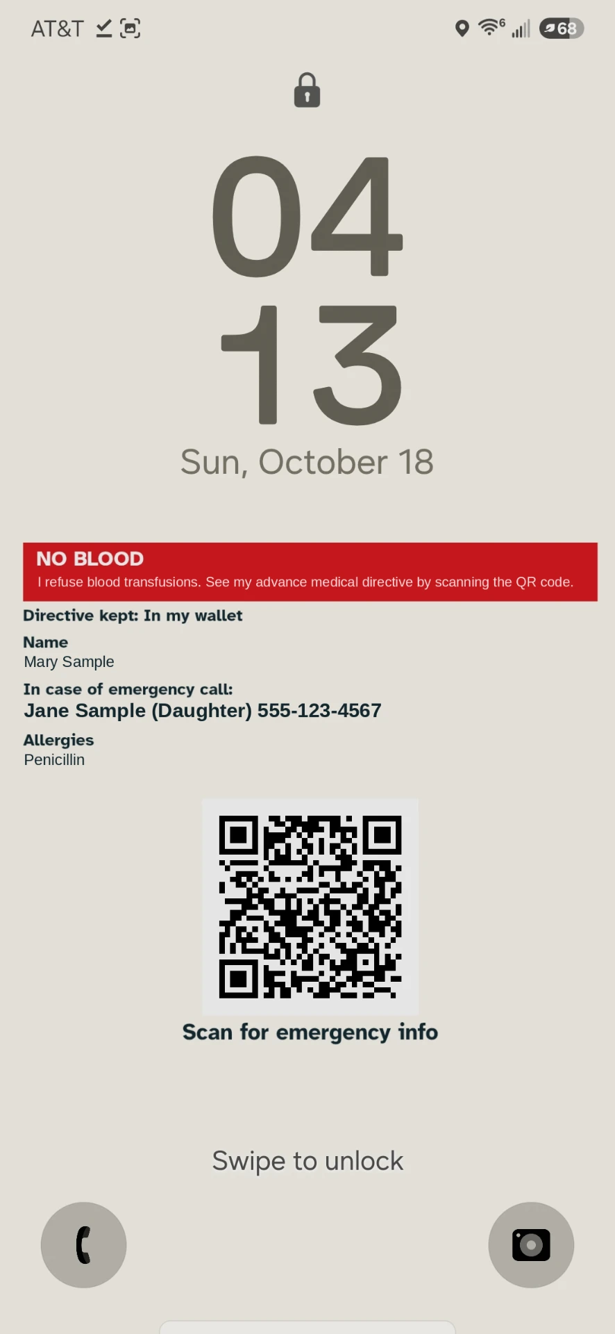 Sample lock screen showing NO BLOOD, Mary Sample, Jane Sample (Daughter) (555) 123-4567, Penicillin allergy and a sample QR code
