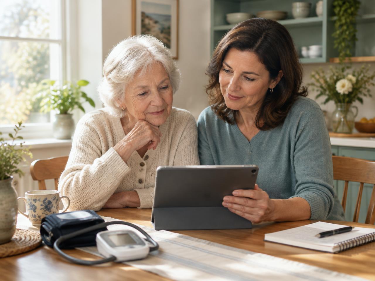 An older woman and her daughter reviewing health readings on a tablet at the kitchen table